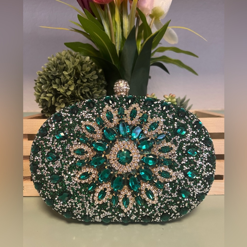 Ramla Green Crystal Clutch with removable chain and handle